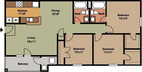 Floor plan for 3 beds, 2 baths, 1100 sqft